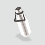 Stainless steel insulated water bottle with black handle and open top on gray background